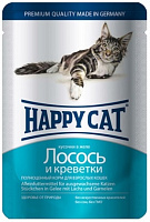 Happy Cat Влажный корм для взрослых кошек кусочки лосося и креветки в желе, 100 гр